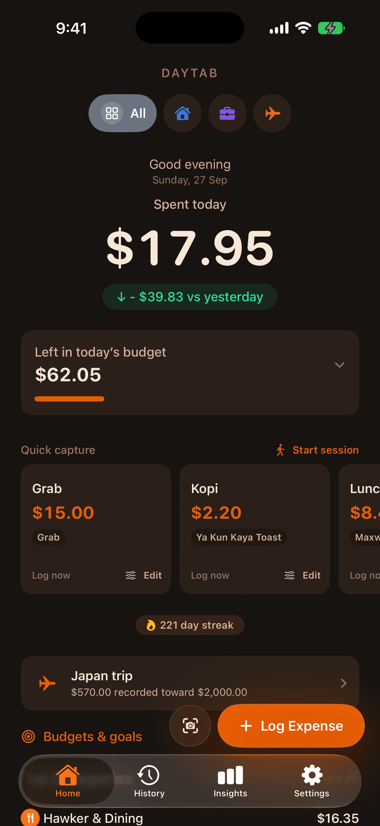 Daytab dashboard showing $17.95 spent and $62.05 left in the daily budget, with Quick capture presets and Start session.